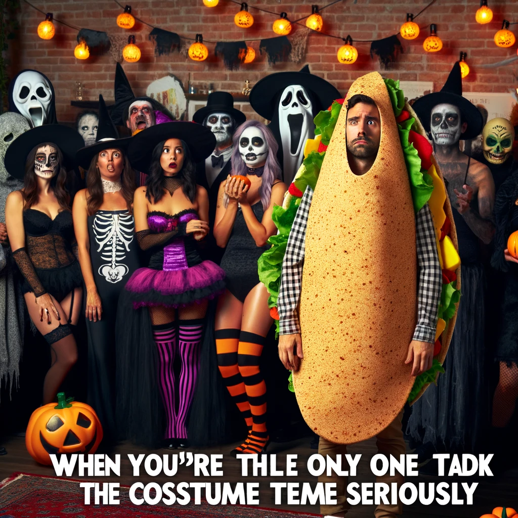 A Halloween party with guests in various creative costumes, from spooky to hilarious. One person dressed as a giant taco stands out, looking awkwardly at the camera, with the caption 'When you realize you're the only one who took the costume theme seriously'. This image should be filled with a mix of eerie and silly elements, showcasing a range of costume ideas while focusing on the humorous discomfort of being overdressed for the occasion.
