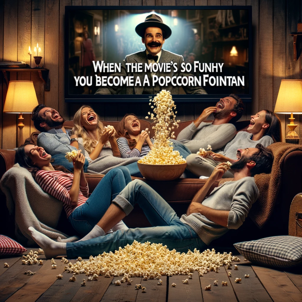 A group of friends enjoying a movie night at home, sprawled out on the couch and floor with popcorn and blankets. The TV screen shows a classic comedy film, and one friend is laughing so hard they're spilling their popcorn. The caption reads 'When the movie's so funny, you become a popcorn fountain'. This image should capture the fun and relaxation of a movie night with friends, highlighting the shared laughter and the cozy, informal setting.