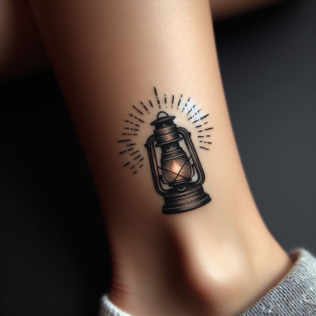 A tiny, intricately designed lantern tattoo, placed on the lower leg, near the ankle. The lantern should emit a soft glow, with detailed light rays that symbolize guidance, hope, and the light within. Its position on the leg serves as a beacon, guiding the wearer's steps forward.