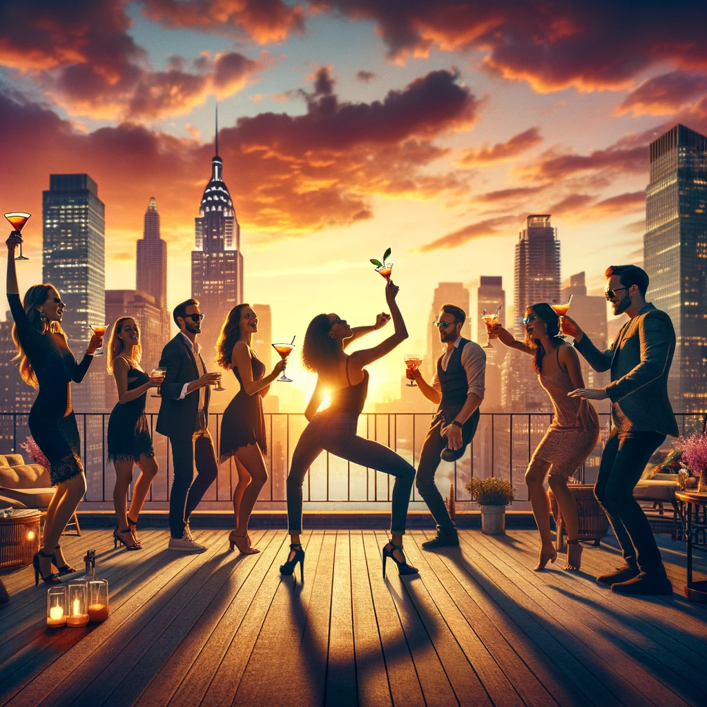 A rooftop party at sunset with a breathtaking city skyline in the background. Friends are toasting with cocktails, and one is attempting an ambitious dance move, capturing everyone's attention. The caption reads 'When you try to bring dance floor moves to the rooftop'. This image should convey the excitement and beauty of an urban rooftop gathering, mixing the elegance of the setting with the fun and sometimes clumsy reality of party dance moves.