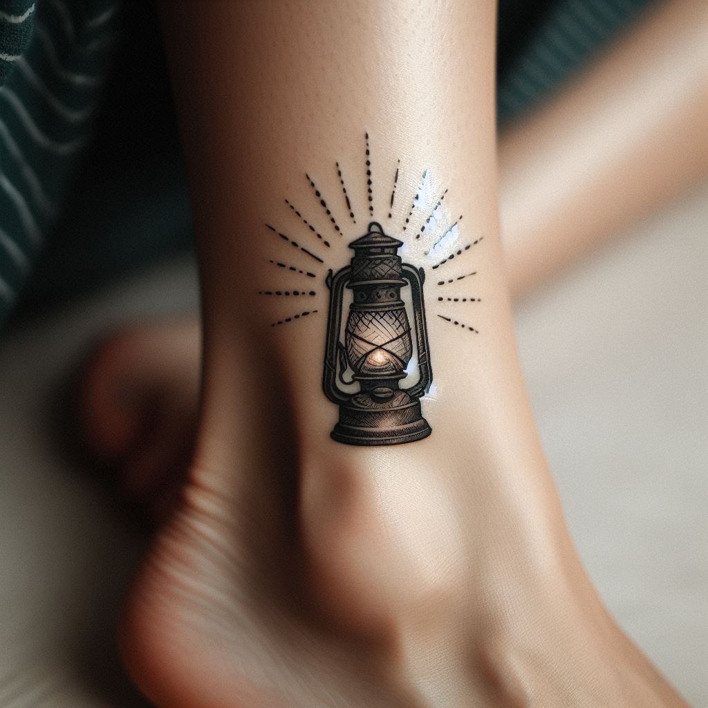 A tiny, intricately designed lantern tattoo, placed on the lower leg, near the ankle. The lantern should emit a soft glow, with detailed light rays that symbolize guidance, hope, and the light within. Its position on the leg serves as a beacon, guiding the wearer's steps forward.