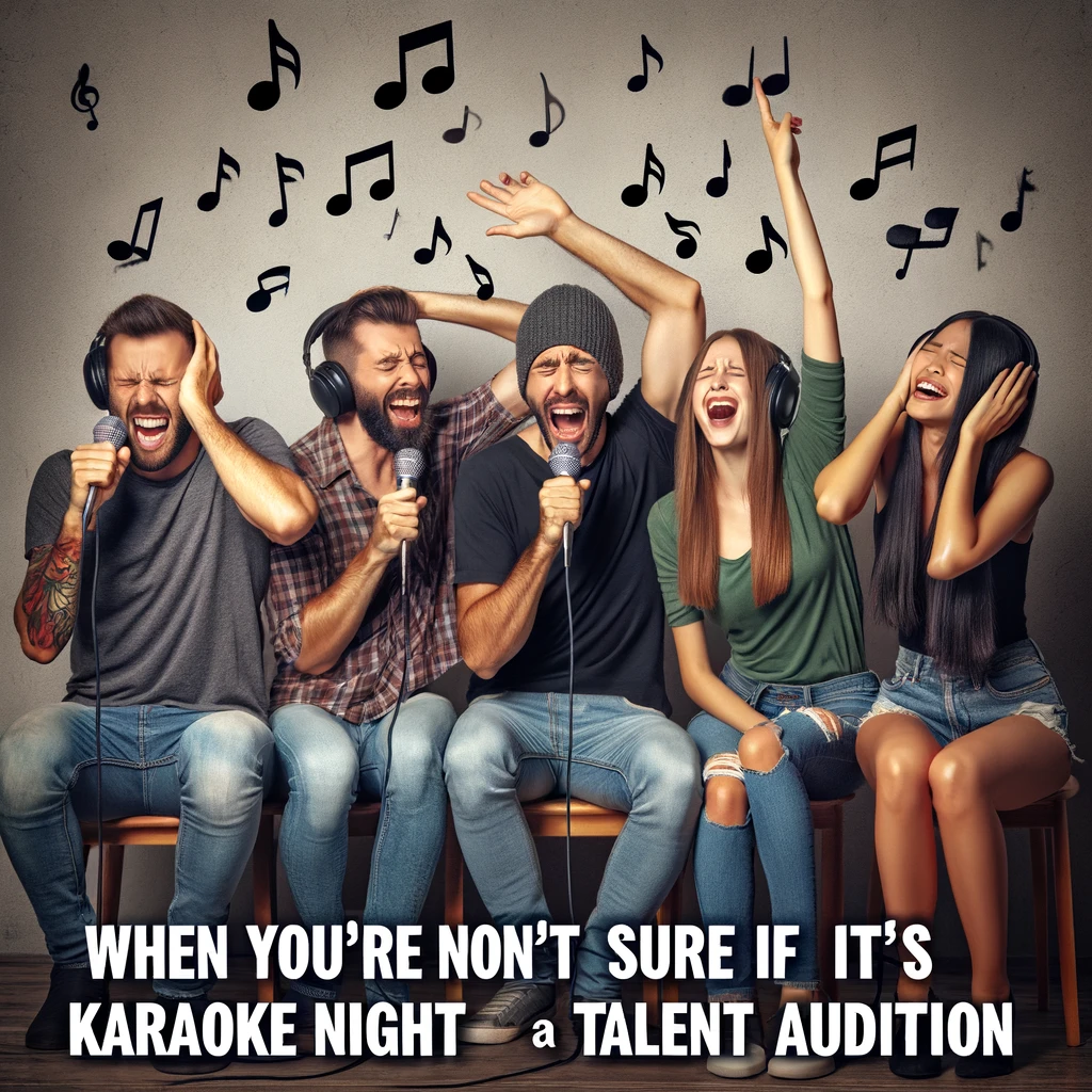 A karaoke night scene with friends enthusiastically singing into microphones, with one person hitting a particularly high note, causing the others to cover their ears. The caption reads 'When you're not sure if it's karaoke night or a talent audition'. This image should capture the fun and slightly chaotic energy of karaoke night among friends, highlighting the mix of talent (or lack thereof) and the sheer enjoyment of singing together, regardless of skill level.