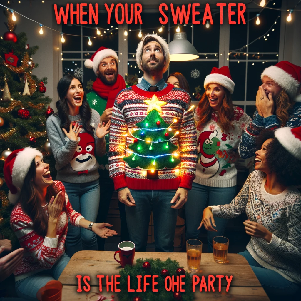 A festive office holiday party with employees wearing ugly Christmas sweaters, standing around a decorated tree. One person's sweater lights up and plays music, drawing laughs and surprised looks from colleagues. The caption reads 'When your sweater is the life of the party'. This image should capture the spirit of holiday cheer in a workplace setting, emphasizing the fun and sometimes quirky traditions of office holiday parties.