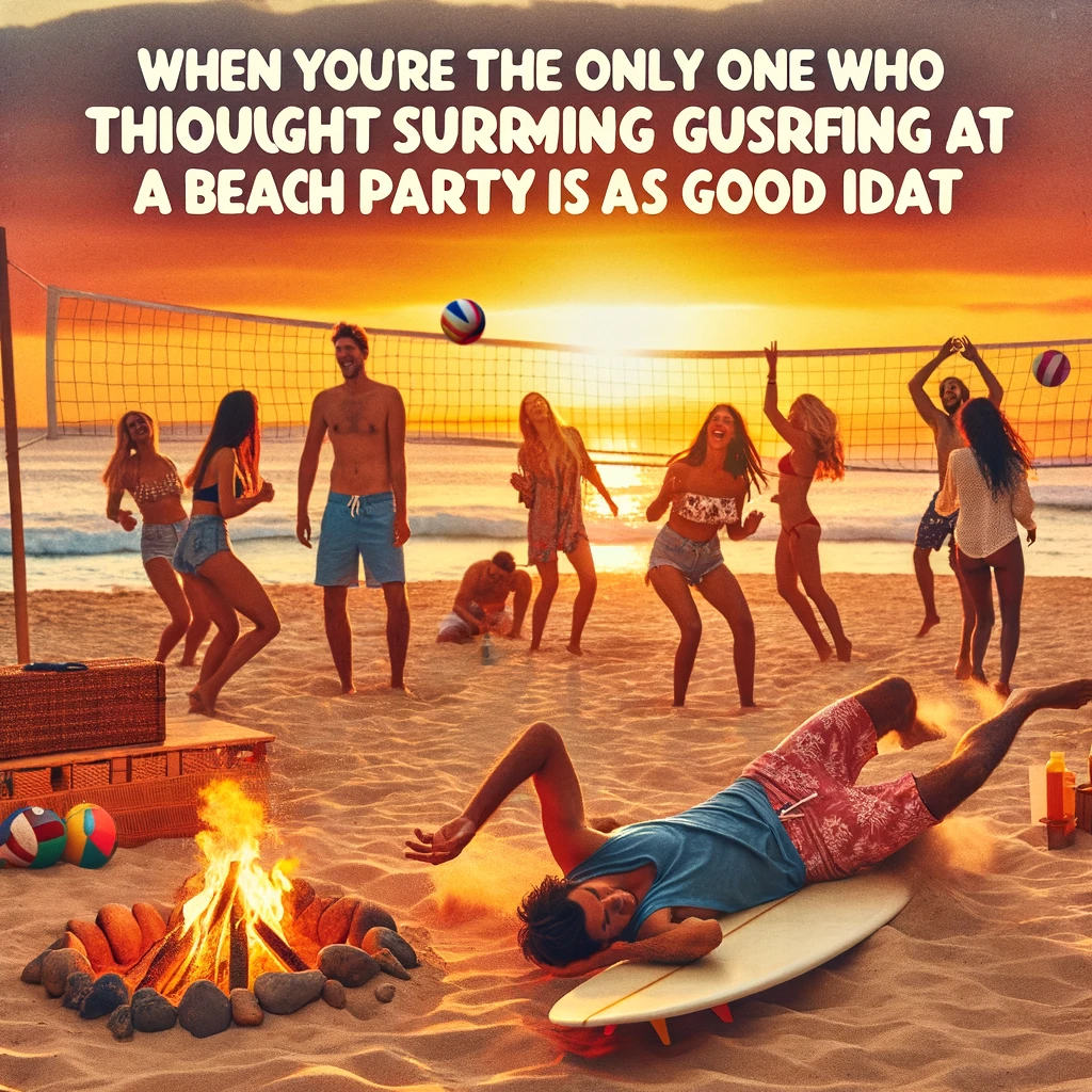 A beach party at sunset, with friends playing volleyball, others dancing near a bonfire, and one person trying to balance on a surfboard on the sand, falling over. The caption reads 'When you're the only one who thought surfing at a beach party was a good idea'. This image should capture the fun and relaxed vibe of a beach party, with the beauty of the sunset and the ocean as a backdrop, while adding a humorous element with the failed attempt at surfing on sand.