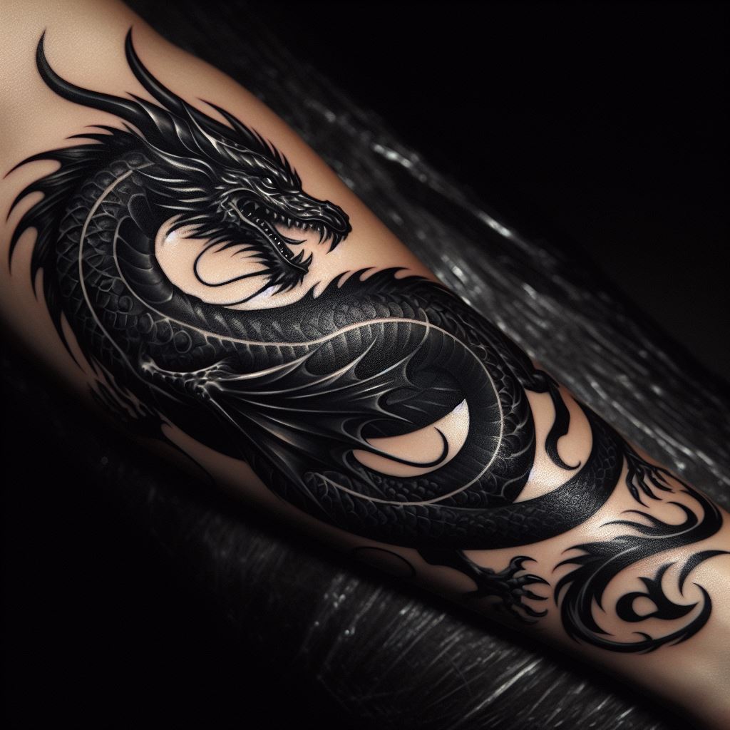 A sleek, black ink dragon tattoo wrapping around the forearm. The dragon's body twists elegantly from the wrist to the elbow, with its wings partially unfurled and its head facing forward, mouth slightly open as if breathing a whisper of fire. The scales are intricately detailed for texture, and the eyes are a piercing blue for contrast.