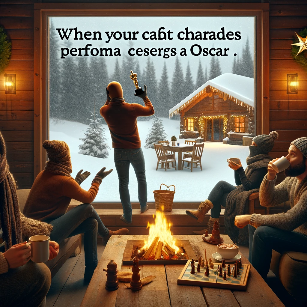 A winter cabin getaway scene with friends gathered around a warm fireplace, sipping hot cocoa and playing charades. Outside the window, snow is gently falling. One person is acting out dramatically, with the caption 'When your charades performance deserves an Oscar'. This image should convey the cozy and intimate atmosphere of a winter retreat, blending the warmth of friendship with the chilly beauty of the snowy landscape, and a touch of humor with the over-the-top charades acting.