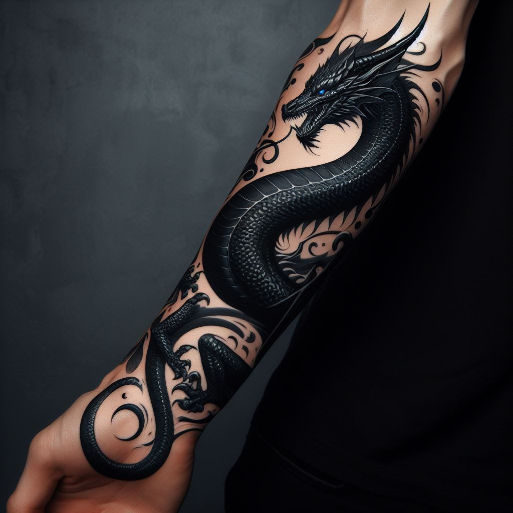 A sleek, black ink dragon tattoo wrapping around the forearm. The dragon's body twists elegantly from the wrist to the elbow, with its wings partially unfurled and its head facing forward, mouth slightly open as if breathing a whisper of fire. The scales are intricately detailed for texture, and the eyes are a piercing blue for contrast.