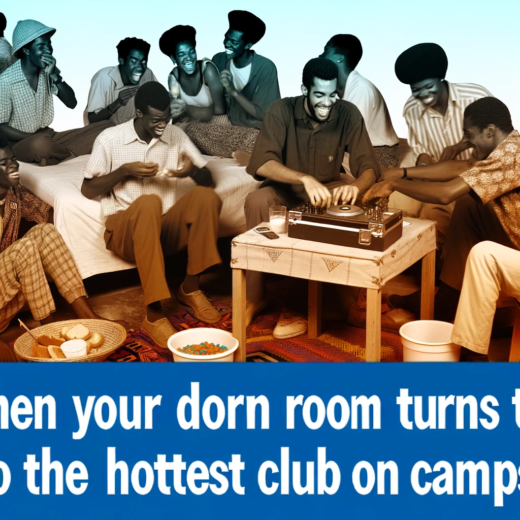 A college dorm party with students crammed into a small room, some sitting on the bed, others on the floor, all laughing and enjoying snacks. One person is trying to DJ with a laptop and small speakers, with the caption 'When your dorm room turns into the hottest club on campus'. This image should capture the youthful energy and creativity of college life, where even a small dorm room can become the center of the night's entertainment, highlighting the fun and improvisational spirit of student parties.