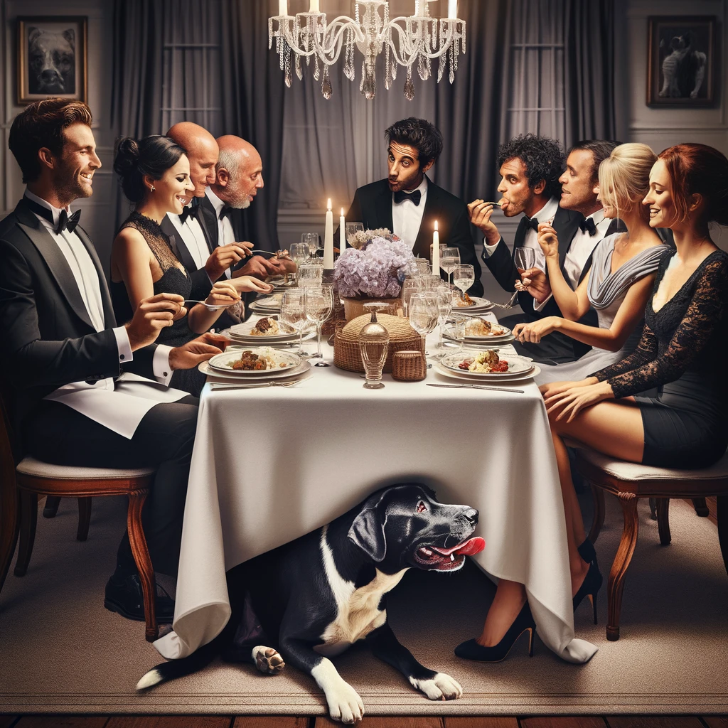 A fancy dinner party scene with guests dressed in formal attire, seated around an elegantly set table. One guest is sneakily feeding their food to a pet dog under the table, with the caption 'When the dinner is too fancy for your taste'. This image should capture the sophistication of a formal dinner party, contrasting it with the lighthearted and relatable moment of preferring simpler tastes, all while emphasizing the bond between the guest and their mischievous pet.
