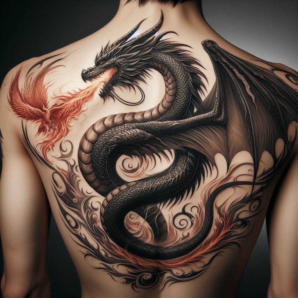 A majestic, full-back dragon tattoo, with the dragon's head starting at the nape of the neck, its body winding down the spine, and its tail reaching the lower back. The dragon is in flight with wings spread wide across the shoulder blades, detailed with fine lines to show the texture of the wings. Flames emanate from its mouth, blending into a phoenix at the lower back, symbolizing rebirth and transformation.