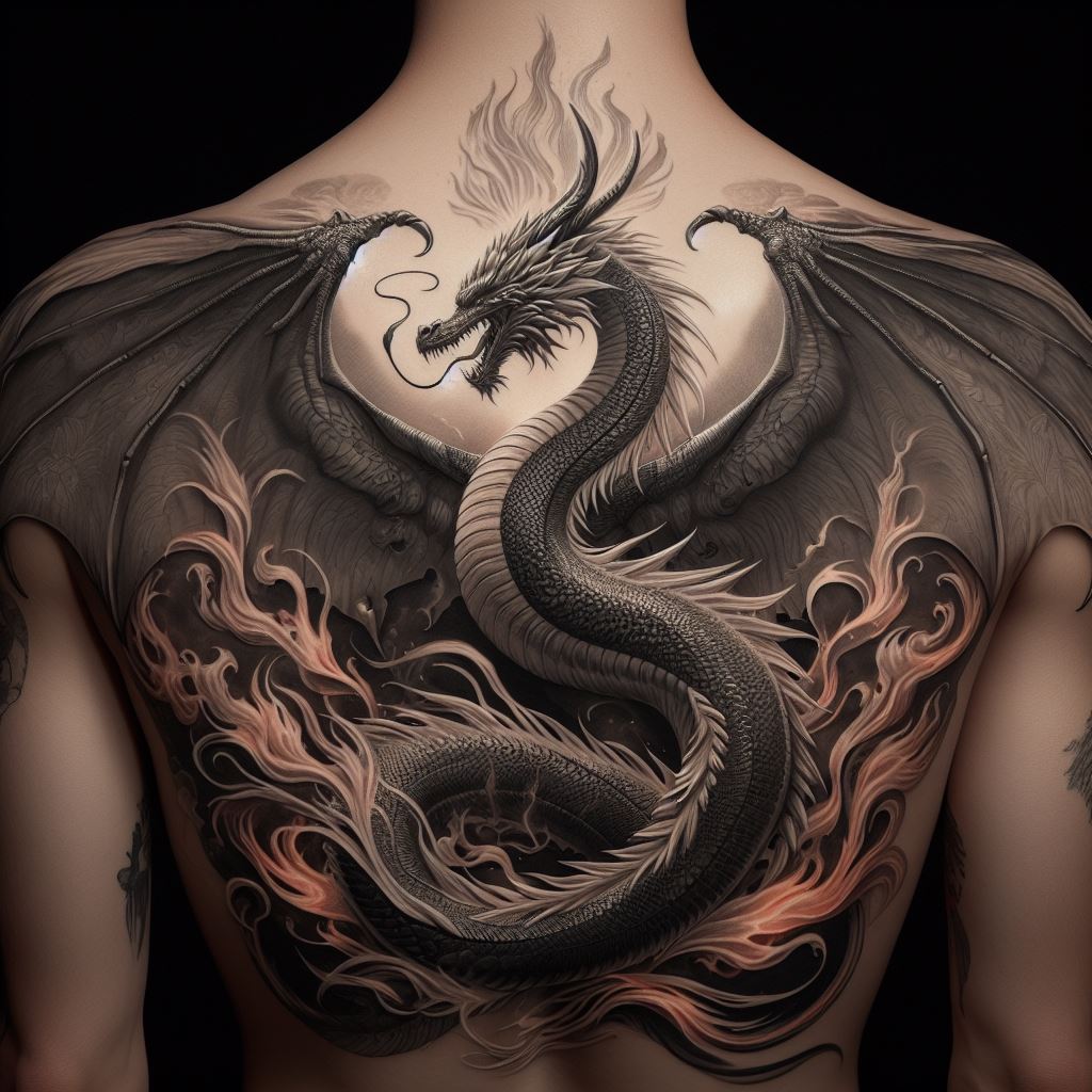 A majestic, full-back dragon tattoo, with the dragon's head starting at the nape of the neck, its body winding down the spine, and its tail reaching the lower back. The dragon is in flight with wings spread wide across the shoulder blades, detailed with fine lines to show the texture of the wings. Flames emanate from its mouth, blending into a phoenix at the lower back, symbolizing rebirth and transformation.
