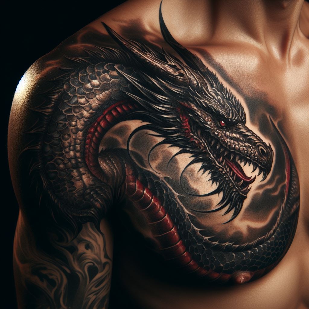 A powerful dragon tattoo that starts from the shoulder, with the dragon's head perched atop the shoulder muscle, glaring forward. Its body snakes across the collarbone, descending down one side of the chest. The dragon's scales have a metallic sheen, with hints of red and gold amidst the predominantly black ink, giving it an aura of regal strength.