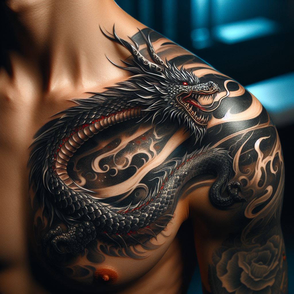 A powerful dragon tattoo that starts from the shoulder, with the dragon's head perched atop the shoulder muscle, glaring forward. Its body snakes across the collarbone, descending down one side of the chest. The dragon's scales have a metallic sheen, with hints of red and gold amidst the predominantly black ink, giving it an aura of regal strength.