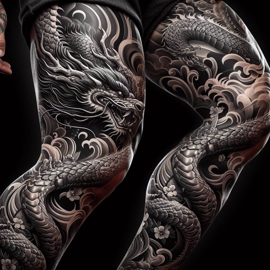 A dynamic leg sleeve tattoo featuring a dragon that coils around the leg, starting from the thigh and spiraling down to the ankle. The dragon's claws are gripping the calf muscle, showcasing strength and movement. The design incorporates traditional Japanese tattoo elements, such as waves and cherry blossoms, around the dragon to enhance the overall aesthetic.