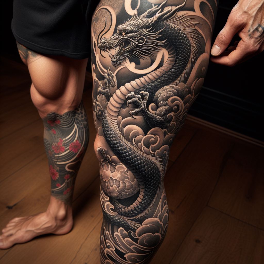 A dynamic leg sleeve tattoo featuring a dragon that coils around the leg, starting from the thigh and spiraling down to the ankle. The dragon's claws are gripping the calf muscle, showcasing strength and movement. The design incorporates traditional Japanese tattoo elements, such as waves and cherry blossoms, around the dragon to enhance the overall aesthetic.