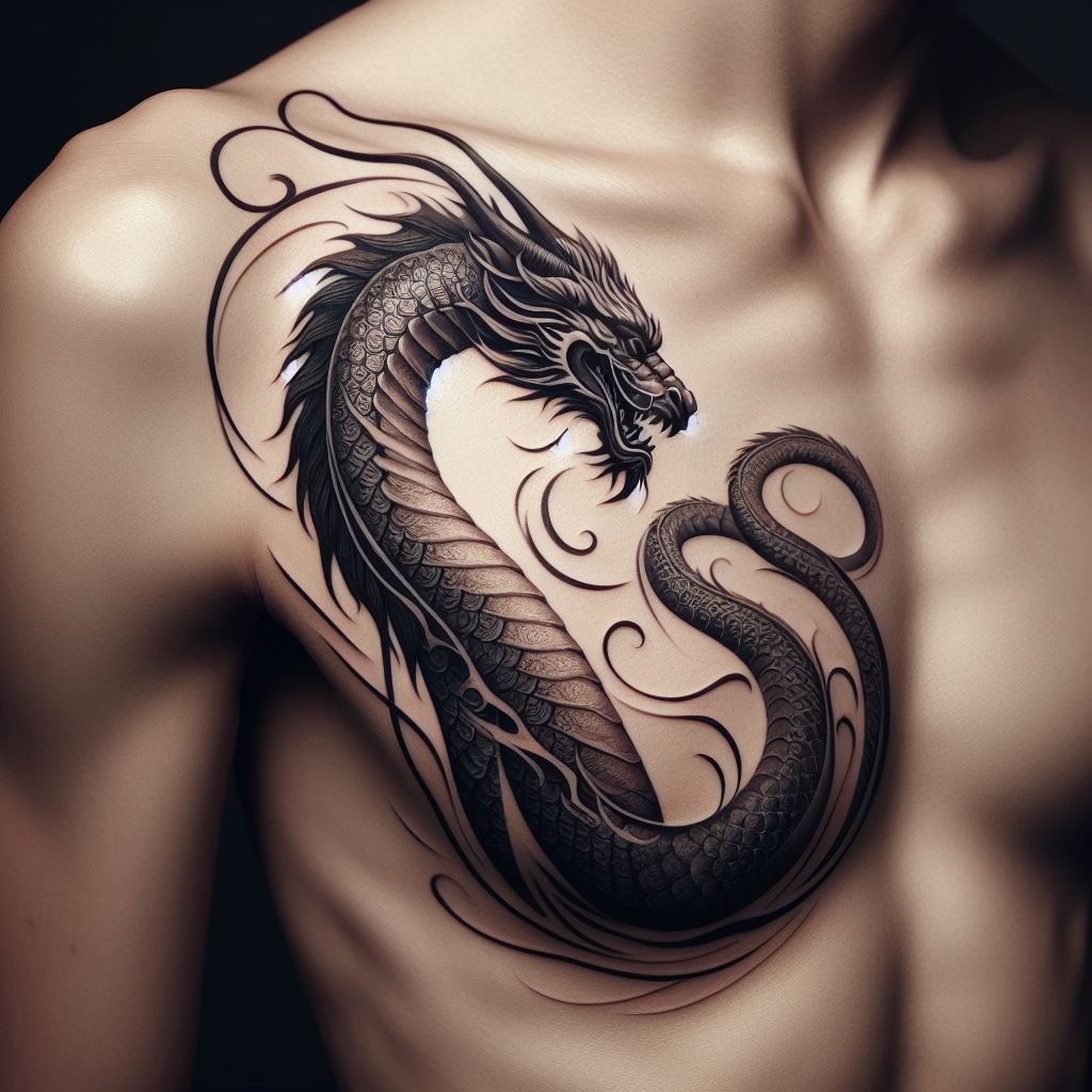 A sinuous dragon tattoo contoured along the rib cage, with its body following the natural curves of the ribs. The dragon's head is near the heart, symbolizing courage and protection. The tattoo is detailed with fine lines to depict the scales and fiery breath, adding a sense of depth and realism to the design.