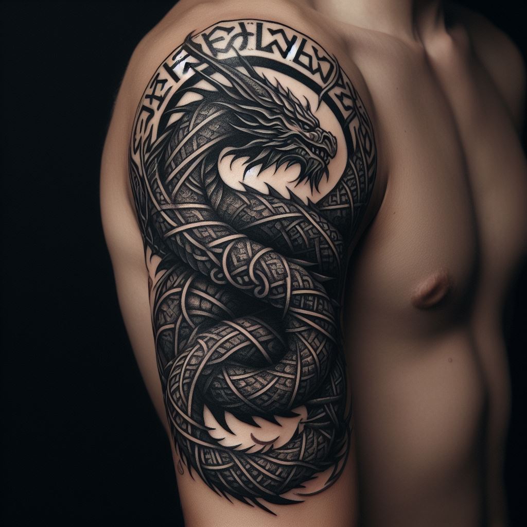 A bold dragon tattoo encircling the upper arm, like an armlet. The dragon's body is detailed with scales and knots, with its head and tail meeting at the top of the arm. The design includes Norse runes along the body of the dragon, giving it an ancient warrior vibe.