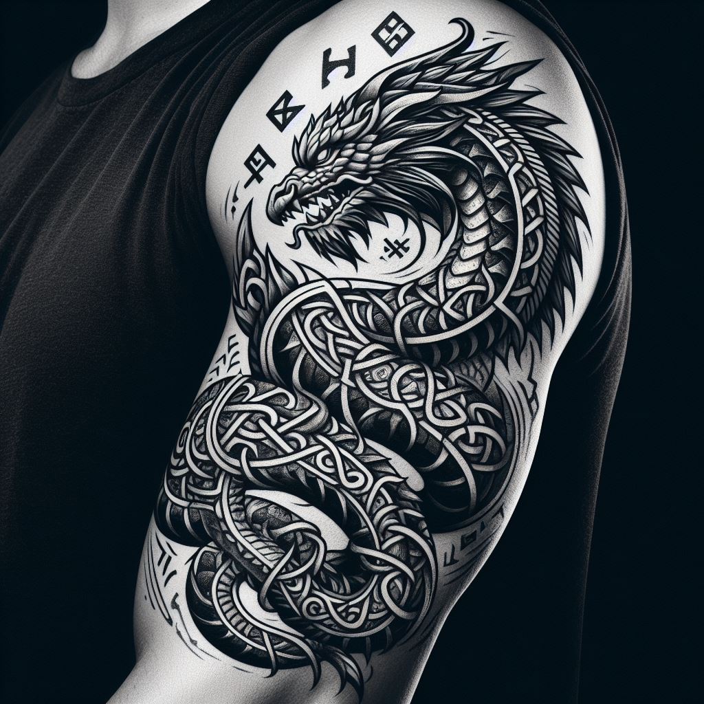 A bold dragon tattoo encircling the upper arm, like an armlet. The dragon's body is detailed with scales and knots, with its head and tail meeting at the top of the arm. The design includes Norse runes along the body of the dragon, giving it an ancient warrior vibe.