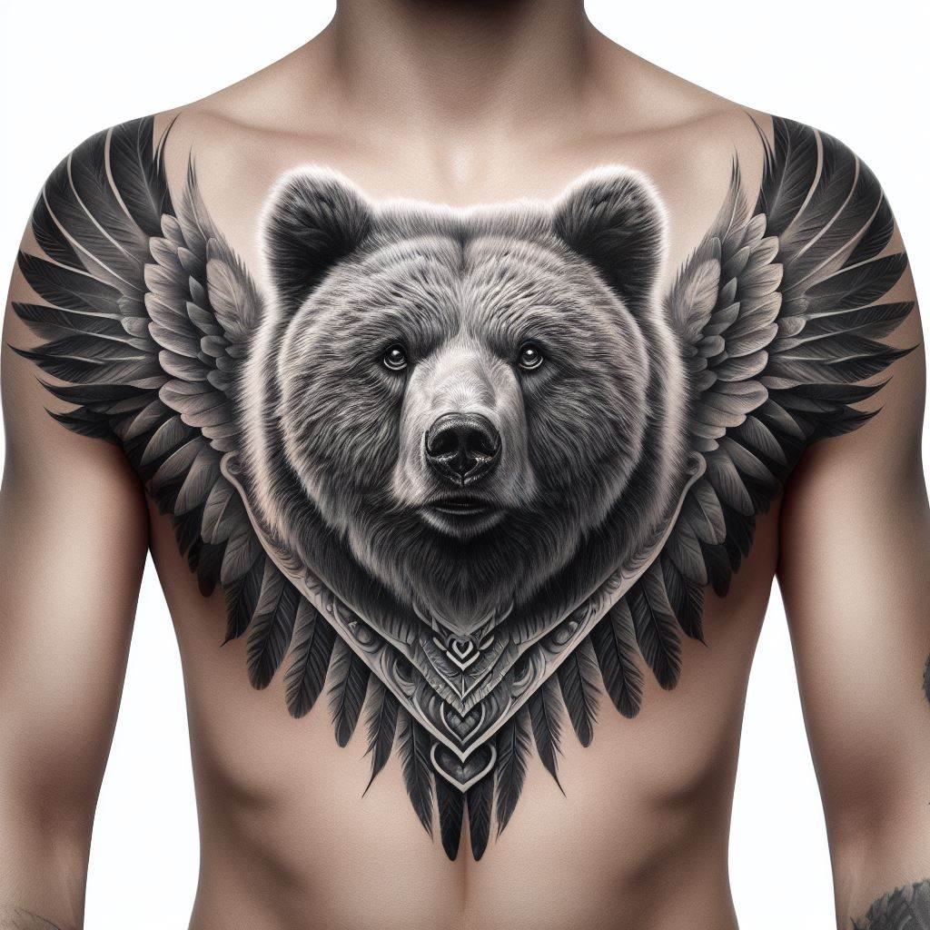 A tattoo that features a bear with wings spread wide across the chest, embodying freedom and protection. The bear's face is centered over the heart, with detailed wings extending across the chest and onto the shoulders. This design combines realism with mythical elements, creating a unique and powerful image. The feathers and fur are rendered with precision, adding depth and texture to the tattoo.