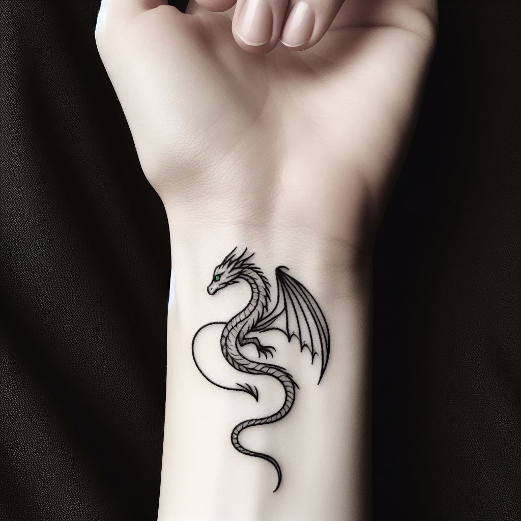 A delicate, small dragon tattoo that gracefully encircles the wrist like a bracelet. The dragon's body is slender and elegant, with tiny wings folded against its back. The design is minimalist, using fine lines with subtle shading to create a sense of movement. The dragon's eyes are a bright emerald green, adding a pop of color to the otherwise black and gray design.