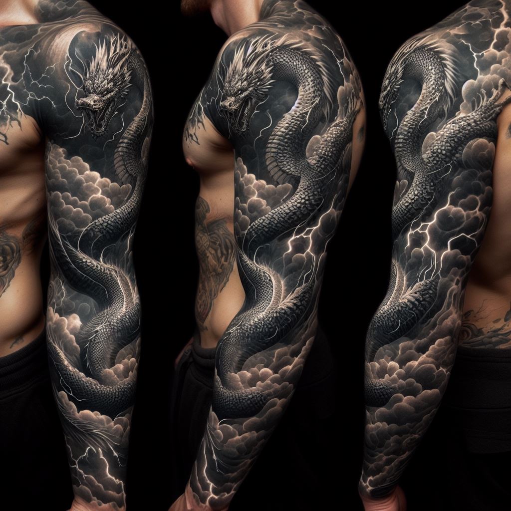 An elaborate full sleeve tattoo, where a dragon's body twists and turns around the arm, from shoulder to wrist. The dragon is depicted amidst a storm, with lightning bolts and clouds interwoven into its body. The scales are detailed with varying shades of black and gray, creating a 3D effect. At certain points, the dragon seems to emerge from the skin, adding to the tattoo's dynamic and powerful appearance.