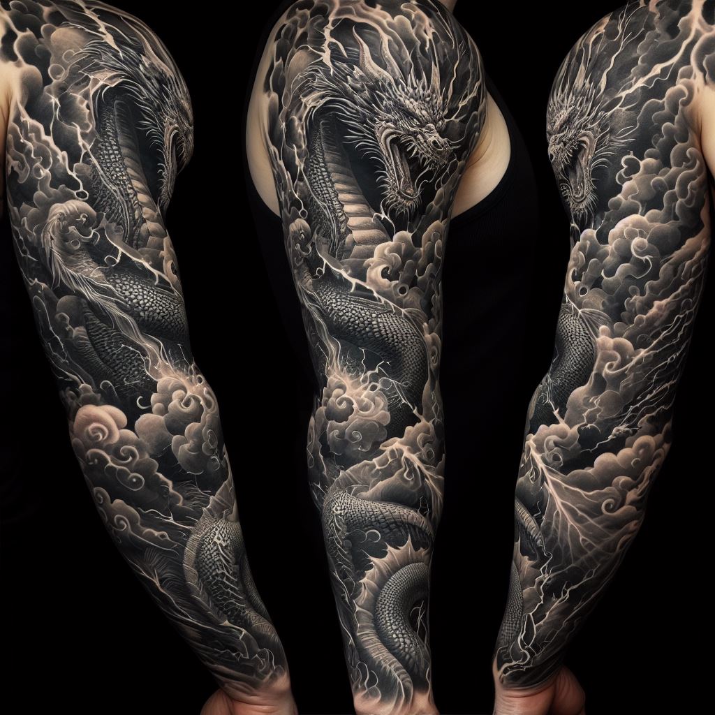 An elaborate full sleeve tattoo, where a dragon's body twists and turns around the arm, from shoulder to wrist. The dragon is depicted amidst a storm, with lightning bolts and clouds interwoven into its body. The scales are detailed with varying shades of black and gray, creating a 3D effect. At certain points, the dragon seems to emerge from the skin, adding to the tattoo's dynamic and powerful appearance.