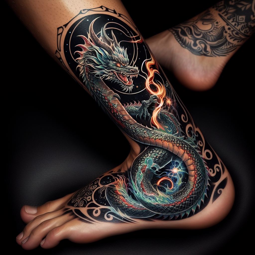 A striking dragon tattoo that starts from the ankle, coils around the leg, and ends at the thigh. The dragon's scales shimmer with iridescent colors against a black ink background, making the tattoo stand out. Along the way, the dragon interacts with elements like fire, water, and wind, symbolizing the balance of nature's forces. The design incorporates tribal motifs at the edges, framing the dragon beautifully.