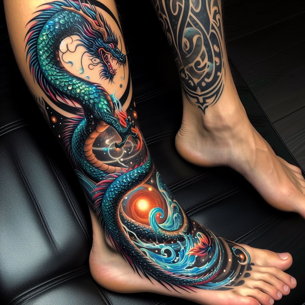 A striking dragon tattoo that starts from the ankle, coils around the leg, and ends at the thigh. The dragon's scales shimmer with iridescent colors against a black ink background, making the tattoo stand out. Along the way, the dragon interacts with elements like fire, water, and wind, symbolizing the balance of nature's forces. The design incorporates tribal motifs at the edges, framing the dragon beautifully.