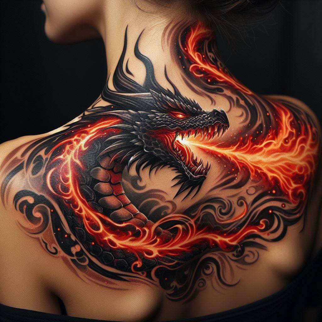 A fierce dragon tattoo that starts at the base of the neck and extends over the shoulder, partially covering the upper back. The dragon's head, positioned at the side of the neck, breathes a trail of fire that flows over the shoulder, turning into intricate patterns and designs. The tattoo uses deep reds and oranges to highlight the fire, contrasting sharply with the dark outline of the dragon, making it look as if the wearer has a dragon guardian watching over them.