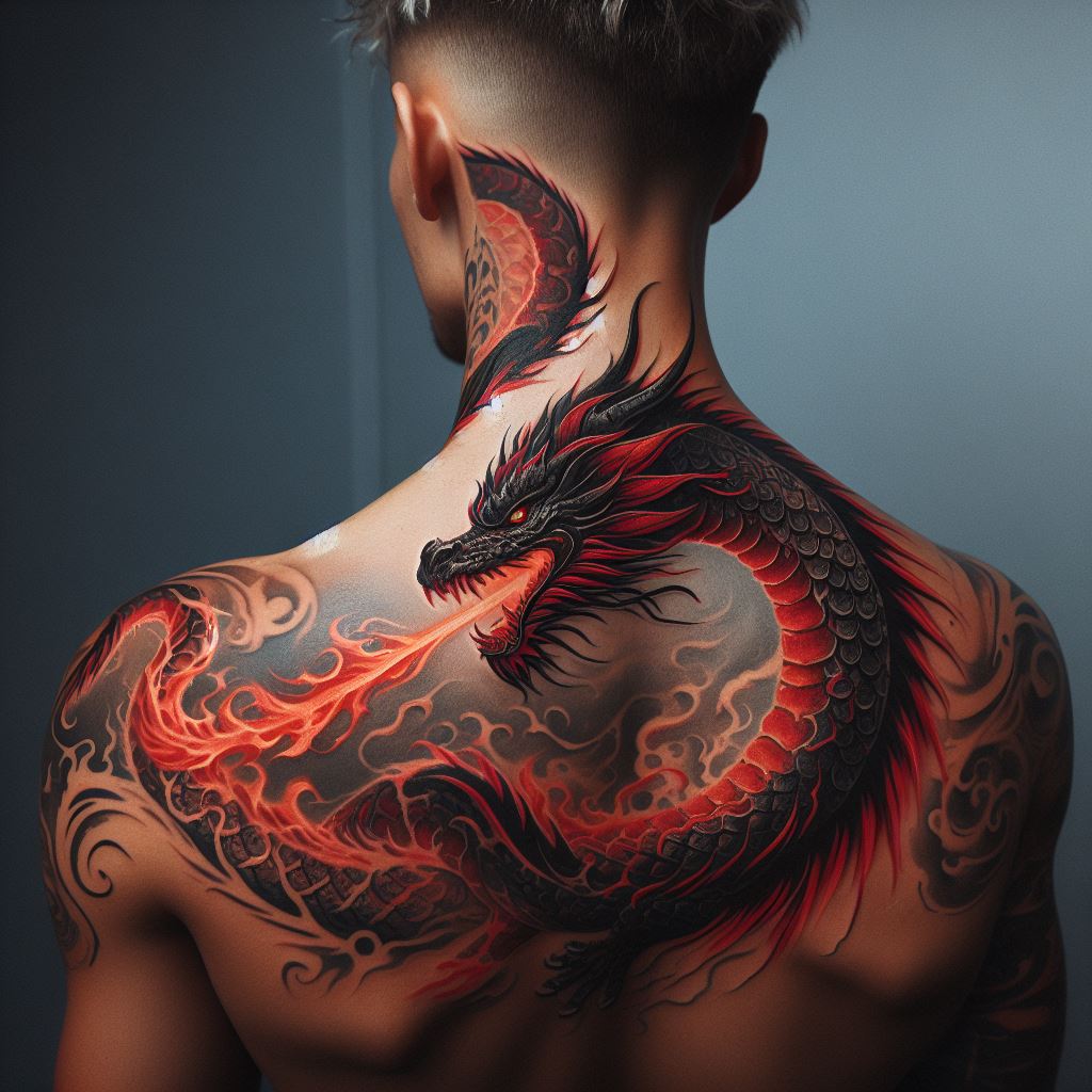 A fierce dragon tattoo that starts at the base of the neck and extends over the shoulder, partially covering the upper back. The dragon's head, positioned at the side of the neck, breathes a trail of fire that flows over the shoulder, turning into intricate patterns and designs. The tattoo uses deep reds and oranges to highlight the fire, contrasting sharply with the dark outline of the dragon, making it look as if the wearer has a dragon guardian watching over them.