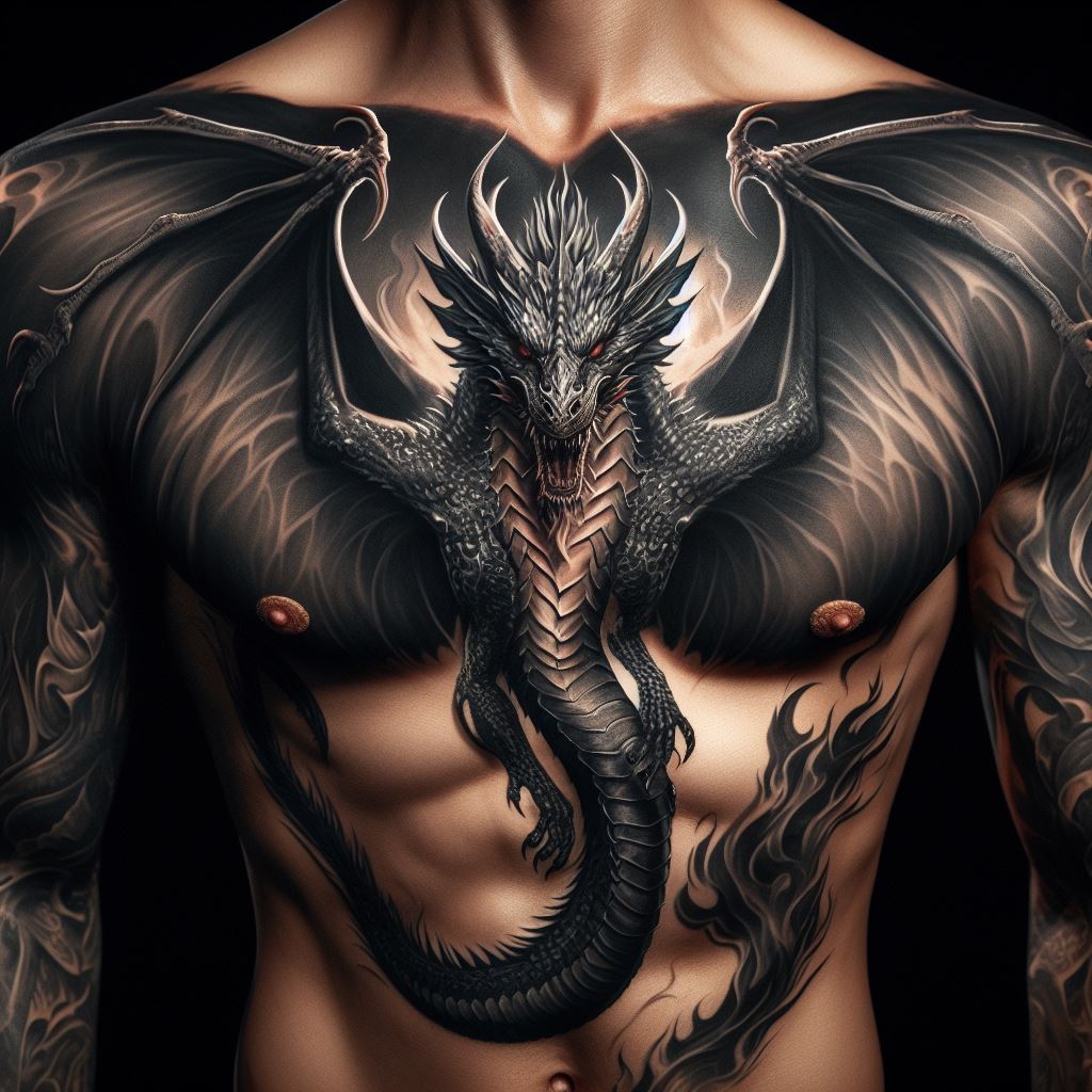 A dramatic dragon tattoo that spans from the chest to the abdomen, with the dragon's wings spread wide across the chest and its body descending down the center of the torso. The dragon's head is at the sternum, roaring upwards, with flames that lick the collarbones. This tattoo is rich in detail, from the texture of the scales to the feathering of the wings, designed to emphasize the muscle contours of the body.