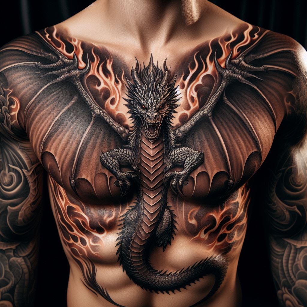 A dramatic dragon tattoo that spans from the chest to the abdomen, with the dragon's wings spread wide across the chest and its body descending down the center of the torso. The dragon's head is at the sternum, roaring upwards, with flames that lick the collarbones. This tattoo is rich in detail, from the texture of the scales to the feathering of the wings, designed to emphasize the muscle contours of the body.