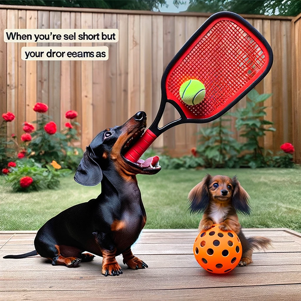 A hilarious scene of a dachshund dog trying to play pickleball with a racket too big for its mouth, with the caption 'When you're short but your dreams are tall'