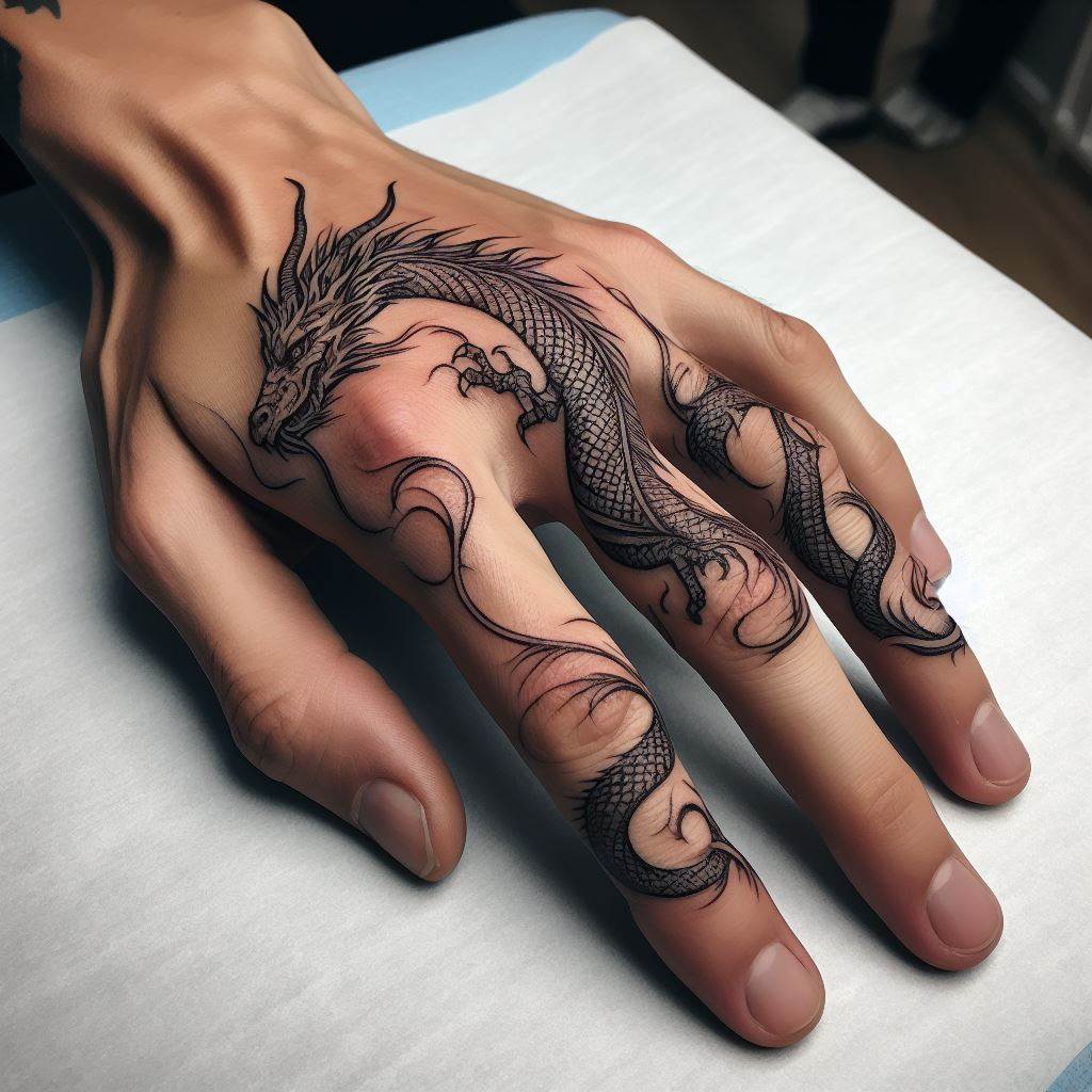A delicate yet striking dragon tattoo that starts from the back of the hand, with the dragon's head resting on the knuckles. Its body then winds down the fingers, with each finger depicting a part of the dragon, culminating in the tail on the pinky. The design is intricate, with fine lines to show scales, and uses shading to give depth, making the dragon appear as though it's moving with the hand.