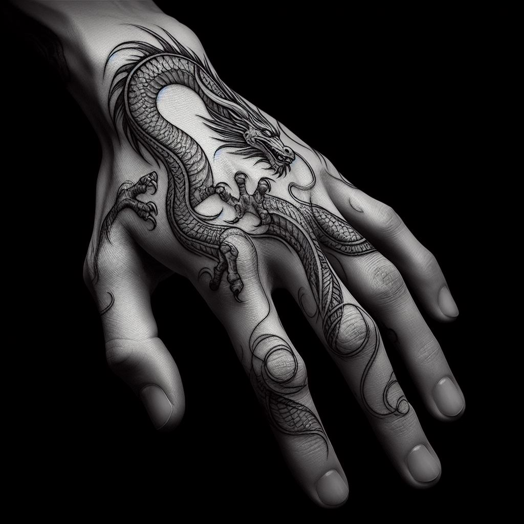 A delicate yet striking dragon tattoo that starts from the back of the hand, with the dragon's head resting on the knuckles. Its body then winds down the fingers, with each finger depicting a part of the dragon, culminating in the tail on the pinky. The design is intricate, with fine lines to show scales, and uses shading to give depth, making the dragon appear as though it's moving with the hand.