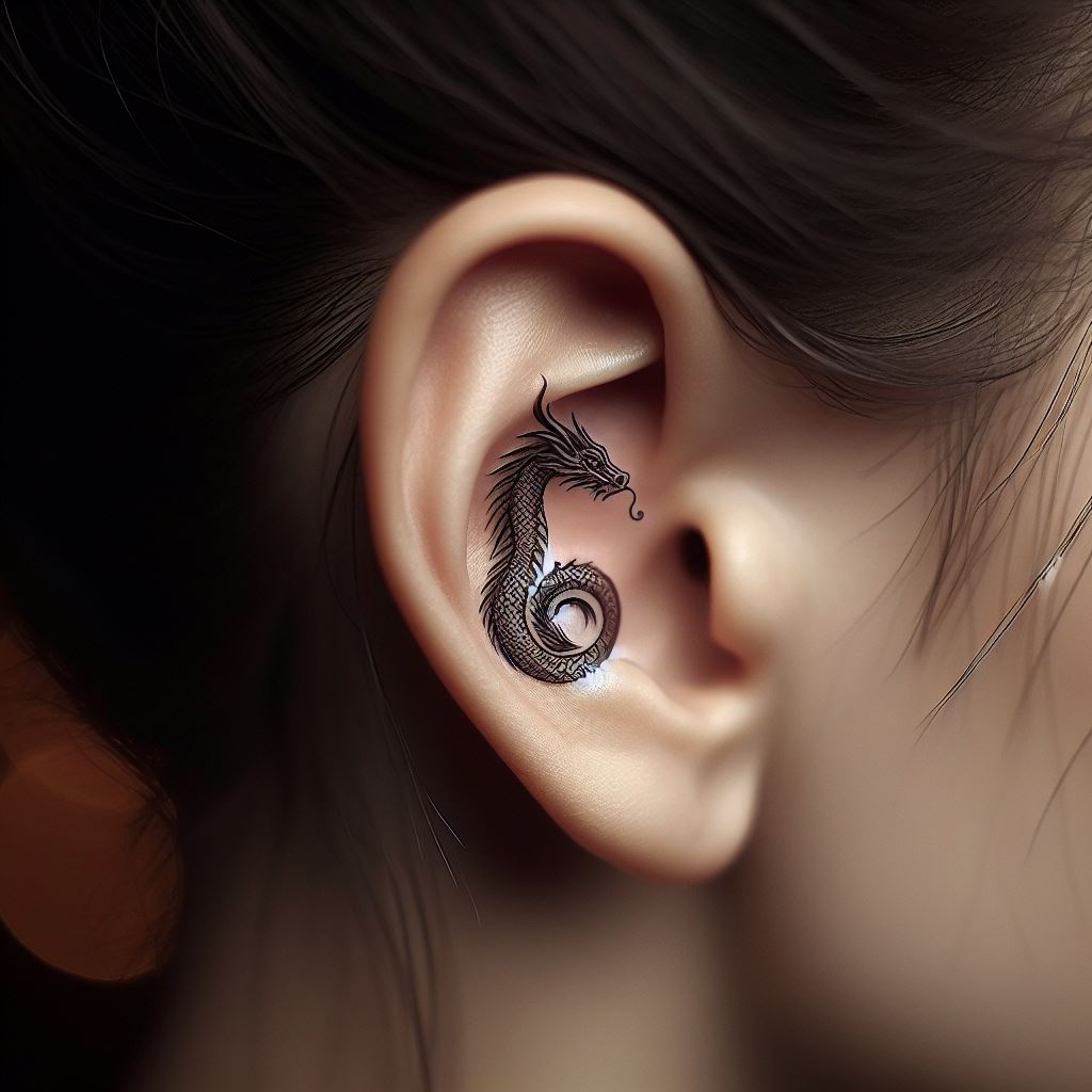 A small, discreet dragon tattoo tucked away behind the ear. This dragon is depicted in a curled position, as if whispering secrets to the wearer. The tattoo uses minimal lines but with maximum detail on the scales and facial features, making it a subtle yet powerful symbol of wisdom and protection. A touch of metallic ink could highlight certain features, like the eyes or scales, to catch the light beautifully.