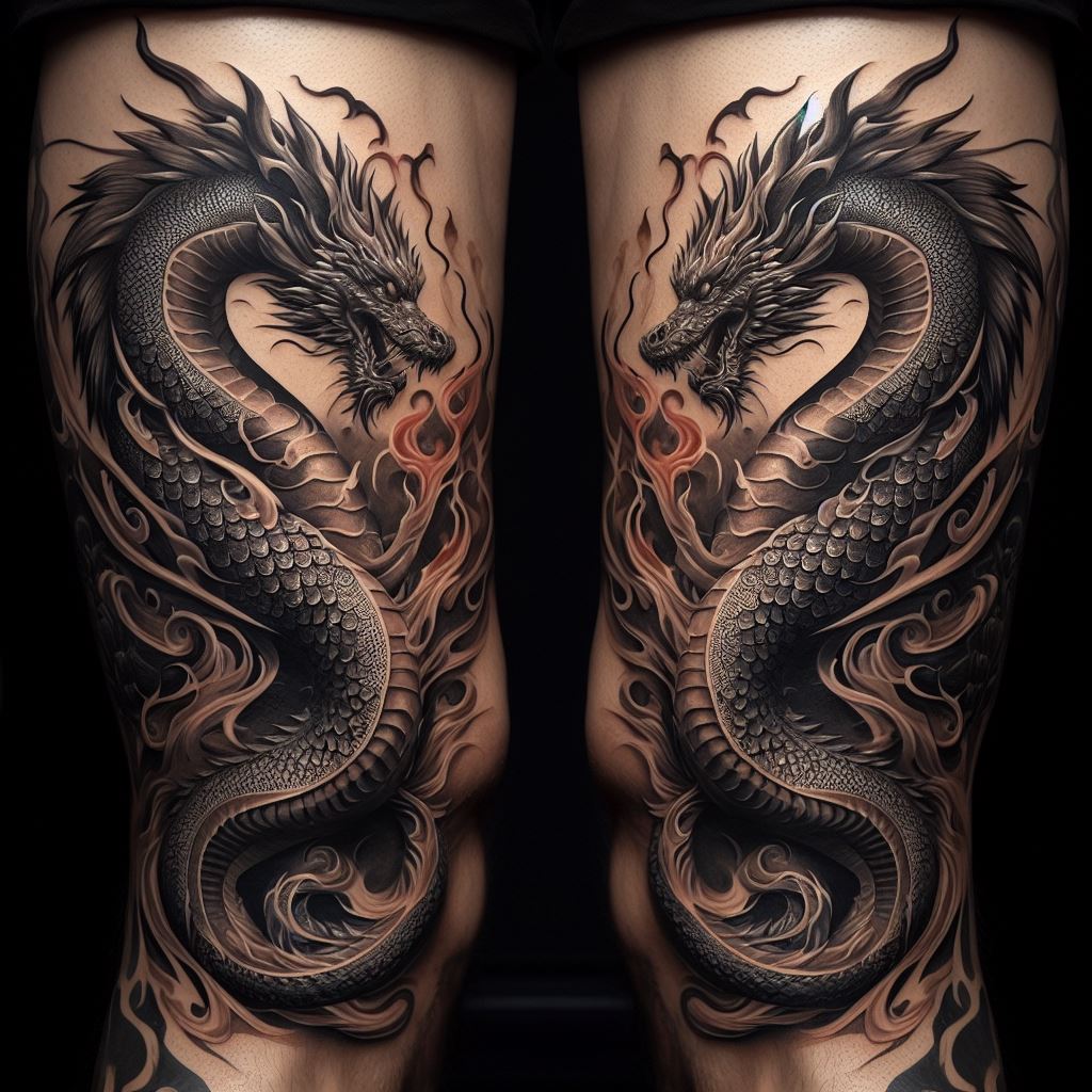 A pair of symmetrical dragon tattoos, each coiling around the calves. The dragons mirror each other, with their bodies elegantly wrapping around the muscles, showcasing strength and fluidity. The design incorporates elements of fire and water on each leg, representing balance and duality. The scales are textured and layered, giving the tattoo a realistic appearance, as if the dragons are truly wrapped around the legs.