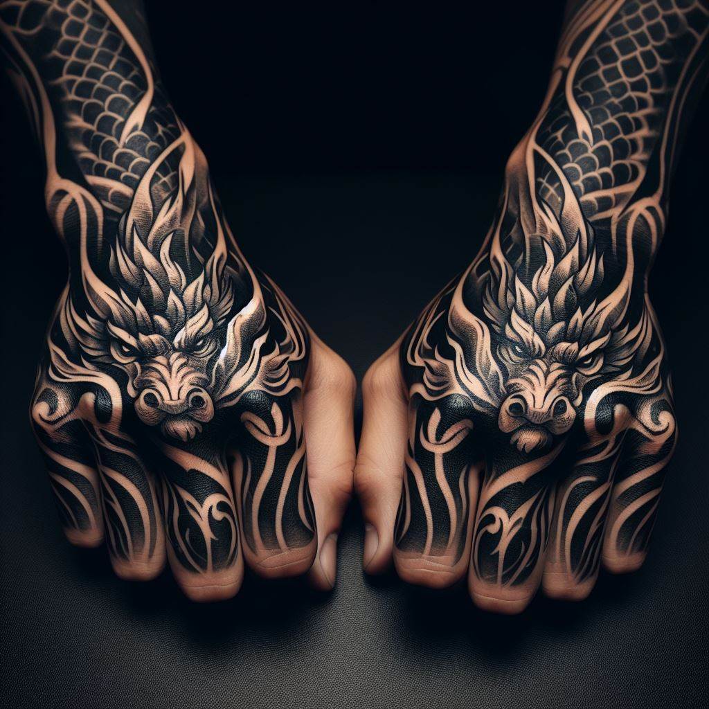 A bold and dynamic dragon tattoo that spans across the knuckles of both hands. Each knuckle features a segment of the dragon, from its head to its tail, creating a continuous design when the fists are brought together. This tattoo uses bold lines to define the dragon's form, with detailed scales and expressive eyes, making a strong statement of power and resilience.