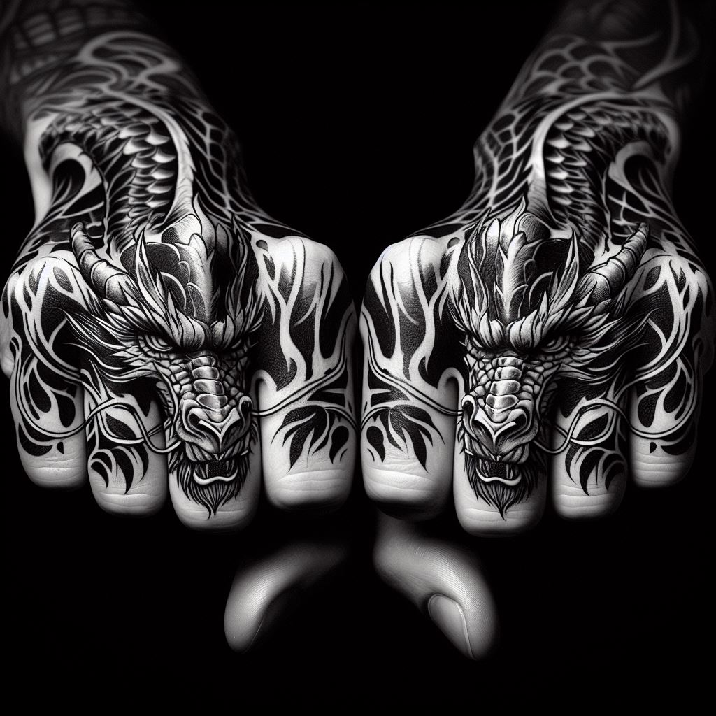 A bold and dynamic dragon tattoo that spans across the knuckles of both hands. Each knuckle features a segment of the dragon, from its head to its tail, creating a continuous design when the fists are brought together. This tattoo uses bold lines to define the dragon's form, with detailed scales and expressive eyes, making a strong statement of power and resilience.