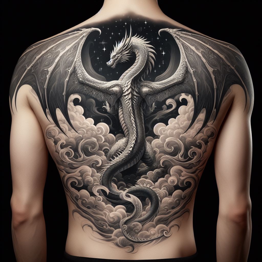 A grand dragon tattoo that spans the upper back, with its wings extending over the shoulders. The dragon's head is centered at the top of the spine, looking upwards, with its body flowing down the back. This majestic creature is depicted amidst clouds and stars, giving it an ethereal quality. The design uses shades of black, gray, and white to create a stunning contrast, emphasizing the intricate details of the dragon's wings and scales.