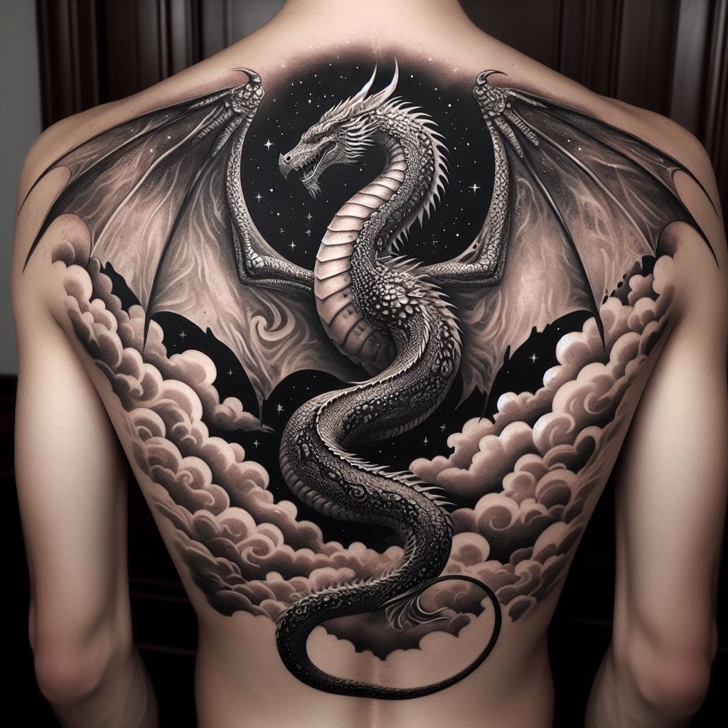 A grand dragon tattoo that spans the upper back, with its wings extending over the shoulders. The dragon's head is centered at the top of the spine, looking upwards, with its body flowing down the back. This majestic creature is depicted amidst clouds and stars, giving it an ethereal quality. The design uses shades of black, gray, and white to create a stunning contrast, emphasizing the intricate details of the dragon's wings and scales.