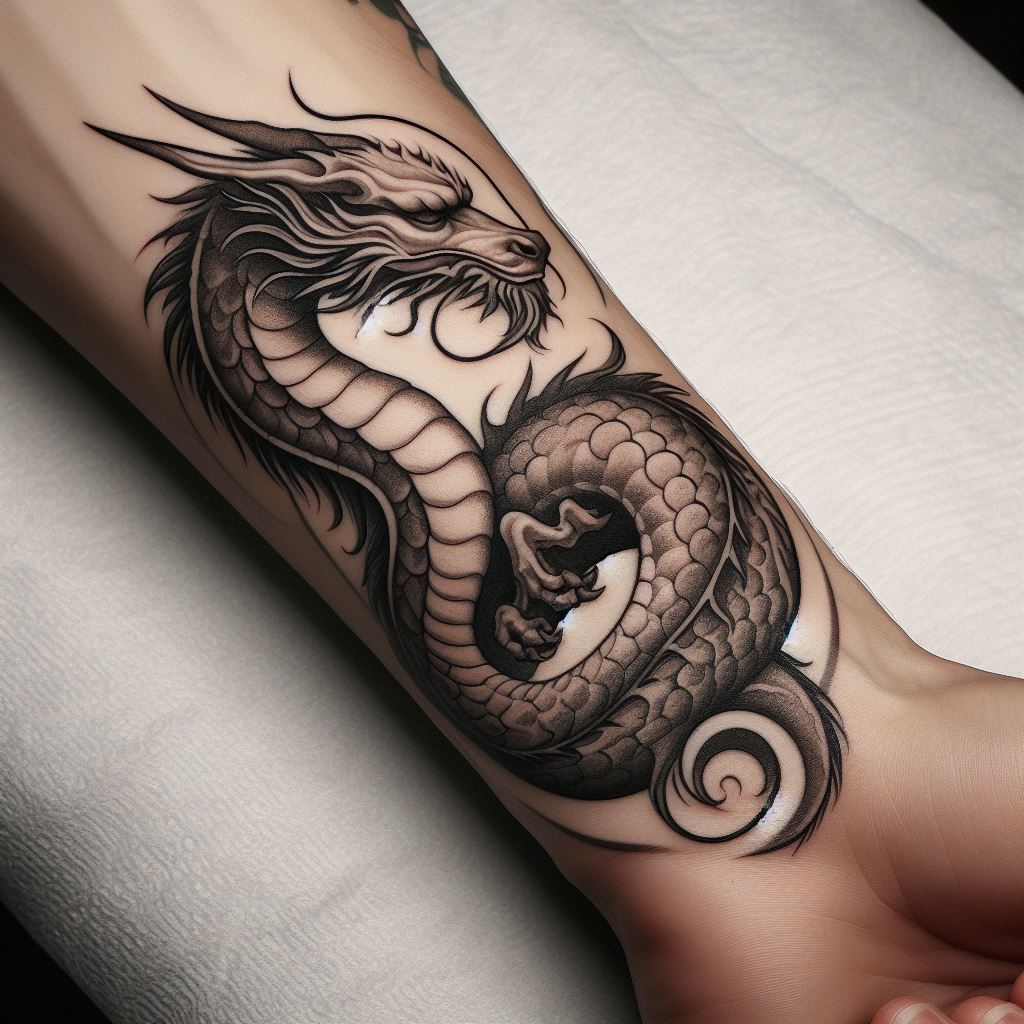 A personal and introspective dragon tattoo for the inner forearm. The dragon is depicted in a peaceful pose, coiled around itself, symbolizing introspection and inner strength. The tattoo uses soft shading and delicate line work to create a sense of tranquility, with the dragon's eyes closed as if in meditation. This design serves as a reminder of the wearer's inner calm and resilience.