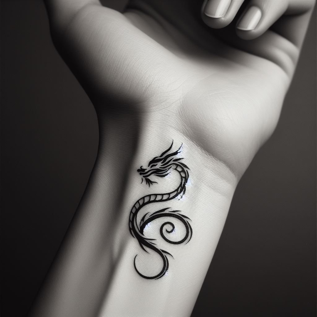 A subtle yet impactful dragon tattoo on the inner wrist, designed to be both personal and discreet. The dragon is small, with its body curled into a tight spiral, symbolizing protection and inner strength. The design focuses on minimalistic lines with precise detailing on the scales and eyes, making it a small but powerful symbol of resilience and grace.