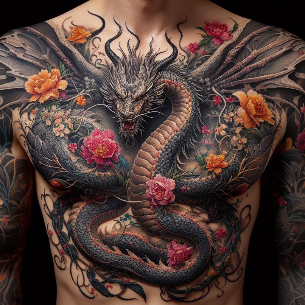 A large, intricate dragon tattoo covering the chest, with its wings spread wide and its body intertwined with blooming flowers and vines. The dragon's scales are detailed with a blend of dark and light shading to create depth, while the floral elements are colored in vibrant hues to add contrast and vitality. This design symbolizes the fusion of strength and beauty, creating a stunning visual impact.