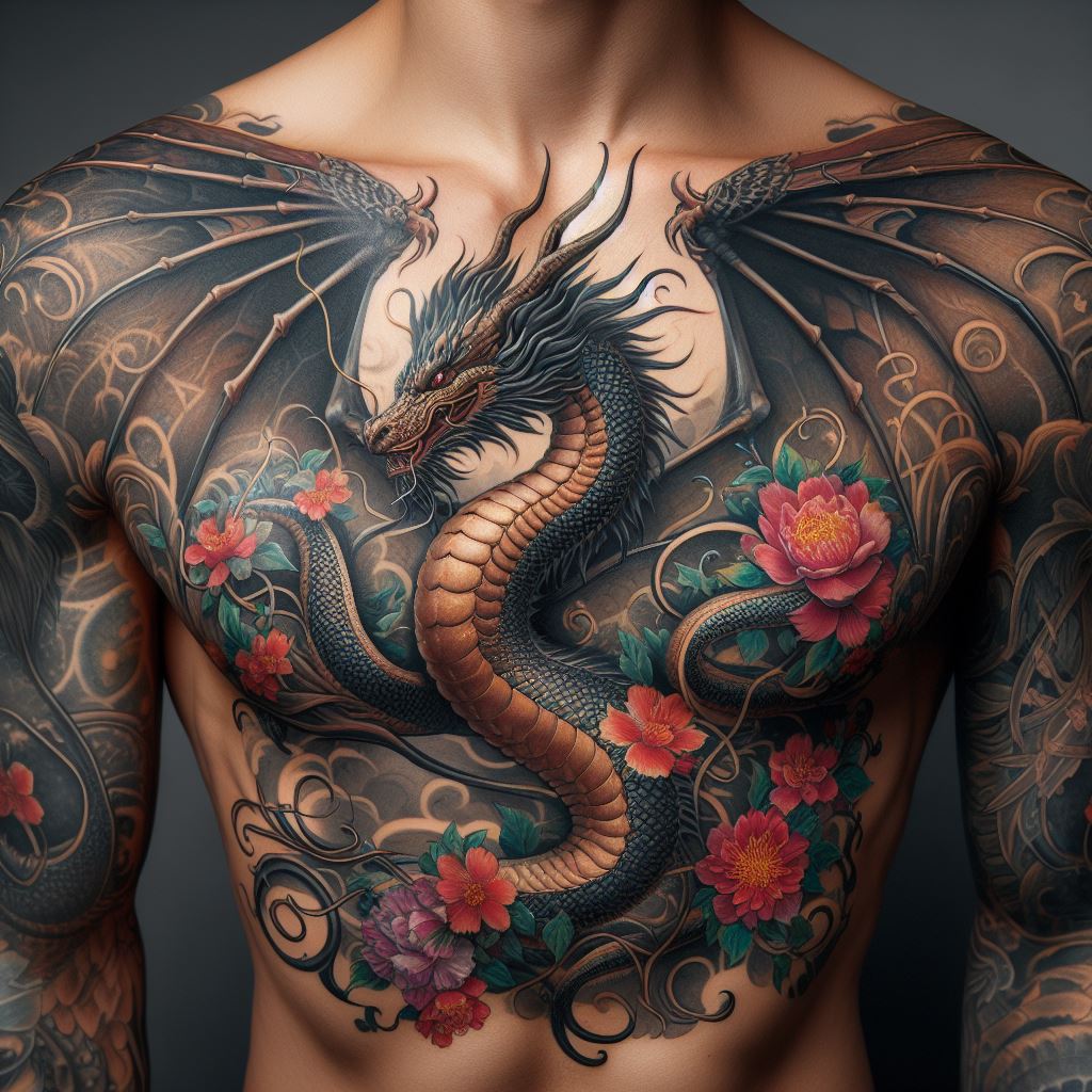 A large, intricate dragon tattoo covering the chest, with its wings spread wide and its body intertwined with blooming flowers and vines. The dragon's scales are detailed with a blend of dark and light shading to create depth, while the floral elements are colored in vibrant hues to add contrast and vitality. This design symbolizes the fusion of strength and beauty, creating a stunning visual impact.