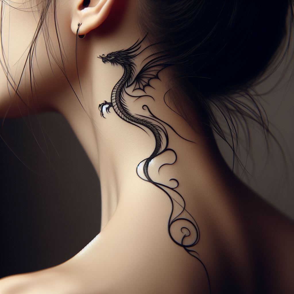 An elegant dragon tattoo that gracefully curves along the side of the neck, from behind the ear down towards the shoulder. The dragon is slender, with elongated features and delicate wings that seem to flutter. The tattoo uses fine lines for detail, creating a sense of elegance and movement, making it a statement piece that is both bold and beautiful.