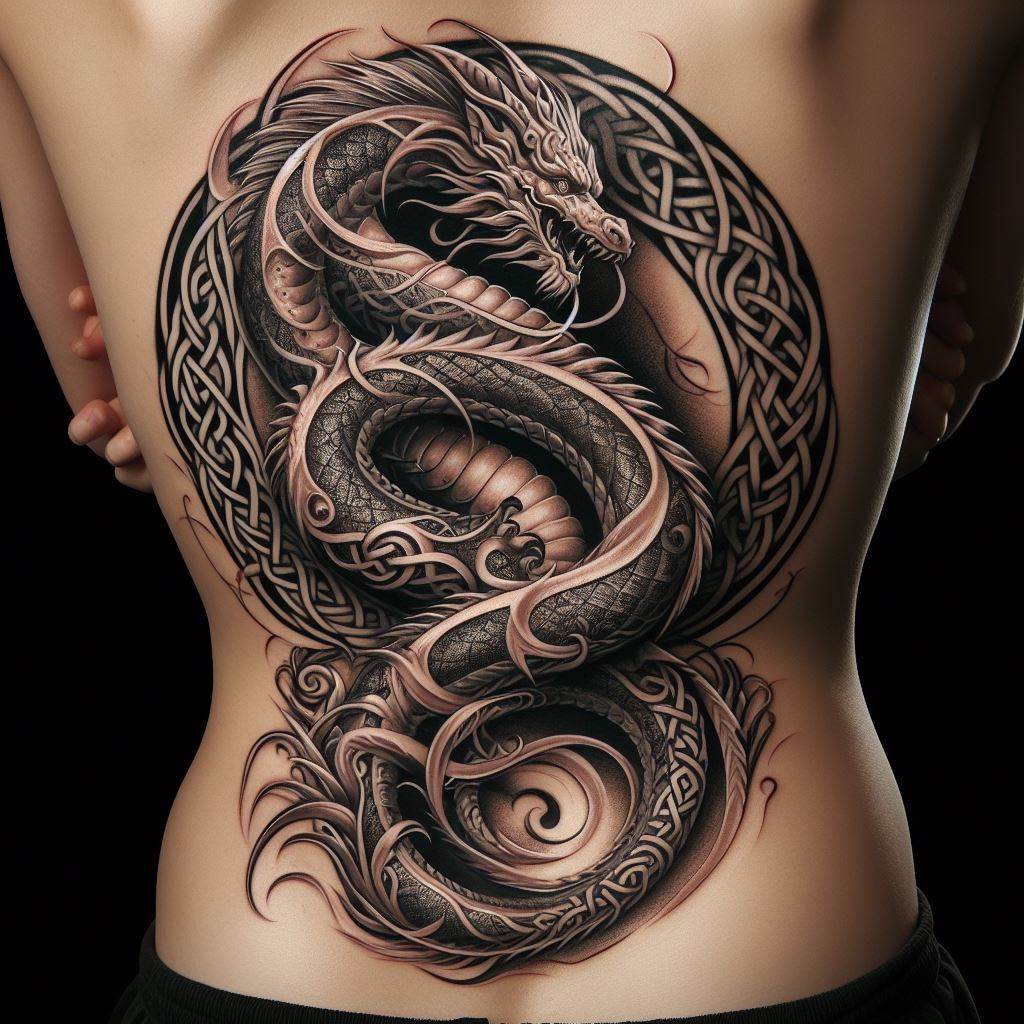 A captivating dragon tattoo for the lower back, featuring a dragon in a serpentine pose, its body flowing gracefully across the skin. The design incorporates Celtic knotwork within and around the dragon, enhancing its mystical appearance. The scales are intricately detailed, and subtle shading adds dimension, making the dragon appear as if it's guarding the wearer.
