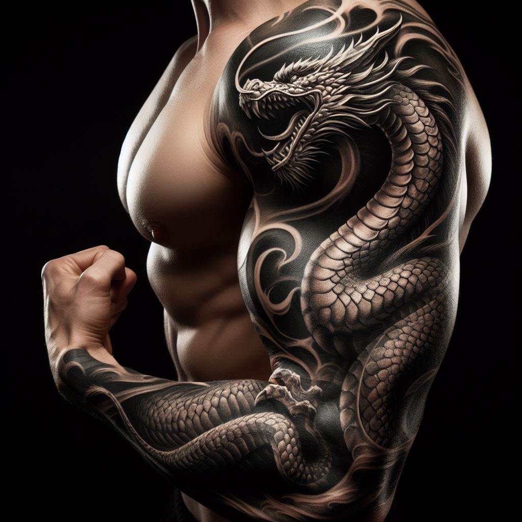 A dynamic dragon tattoo wrapped around the bicep, its body coiled in a powerful stance. The dragon's head is raised, mouth open in a roar, exuding strength and courage. The tattoo is rich in texture, with scales that catch the light and deep shading for contrast. This design not only emphasizes the muscle's form but also symbolizes the wearer's strength and determination.