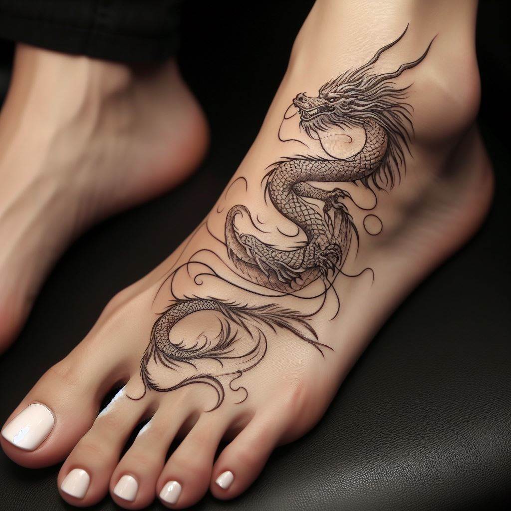 A unique dragon tattoo that adorns the top of the foot, extending from the toes to the ankle. The dragon is depicted in motion, with its body elegantly twisting and its wings gently draped over the sides of the foot. The design is detailed yet delicate, with fine lines depicting the scales and wings, creating an effect of lightness and agility.