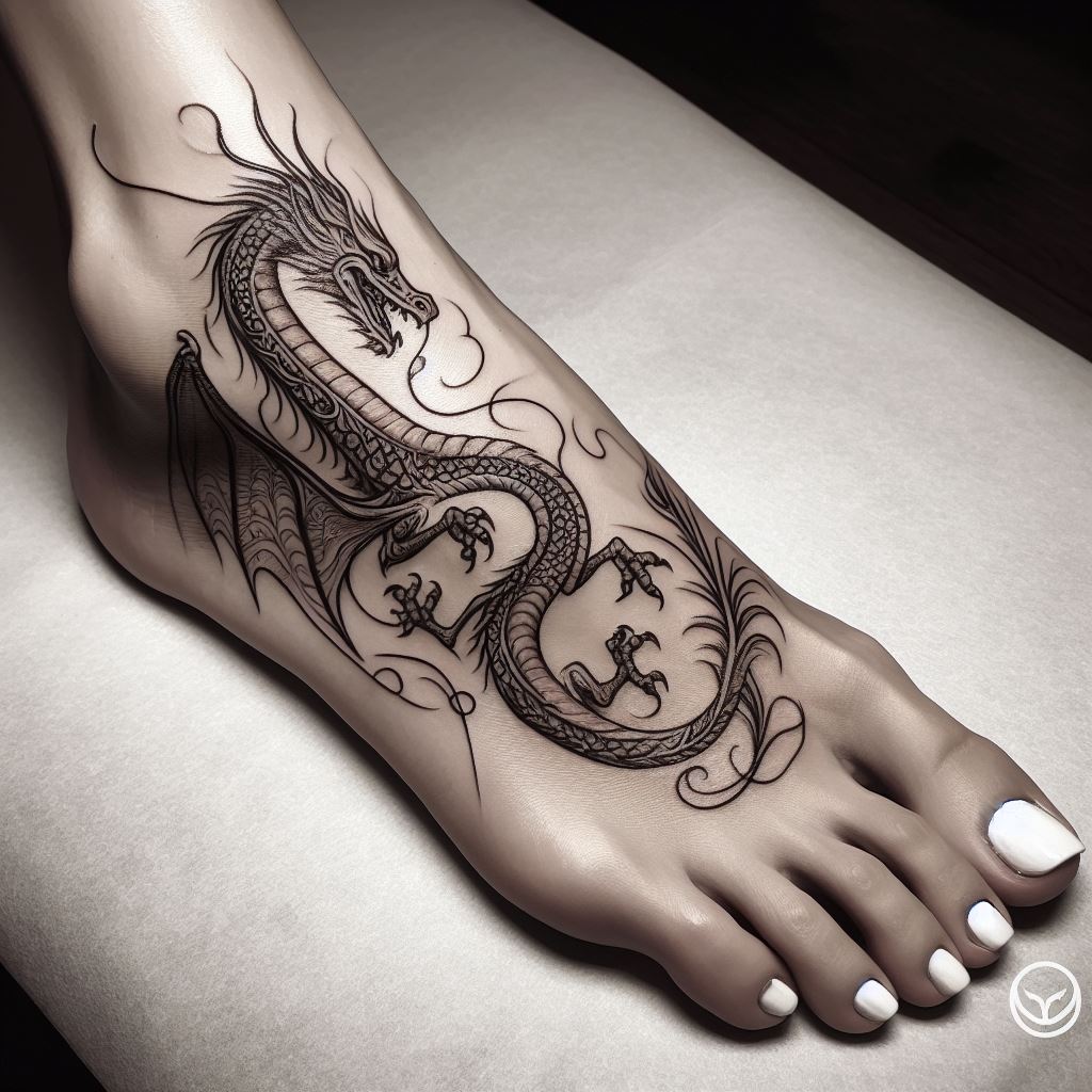 A unique dragon tattoo that adorns the top of the foot, extending from the toes to the ankle. The dragon is depicted in motion, with its body elegantly twisting and its wings gently draped over the sides of the foot. The design is detailed yet delicate, with fine lines depicting the scales and wings, creating an effect of lightness and agility.